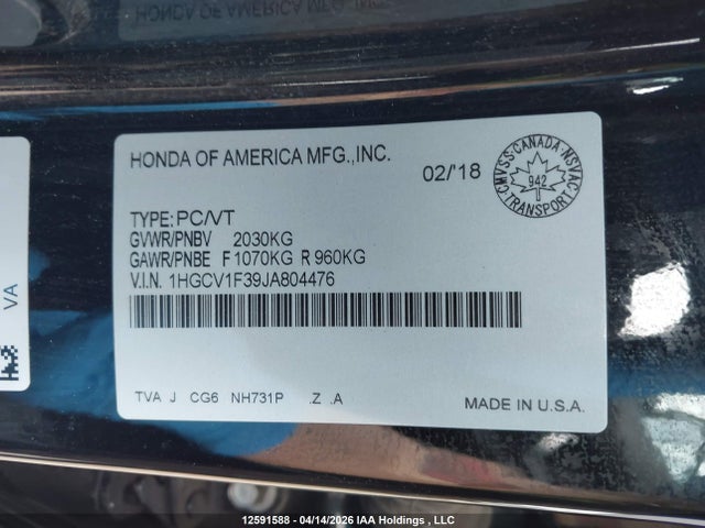 Honda Accord 2018 1HGCV1F39JA804476 Image 9