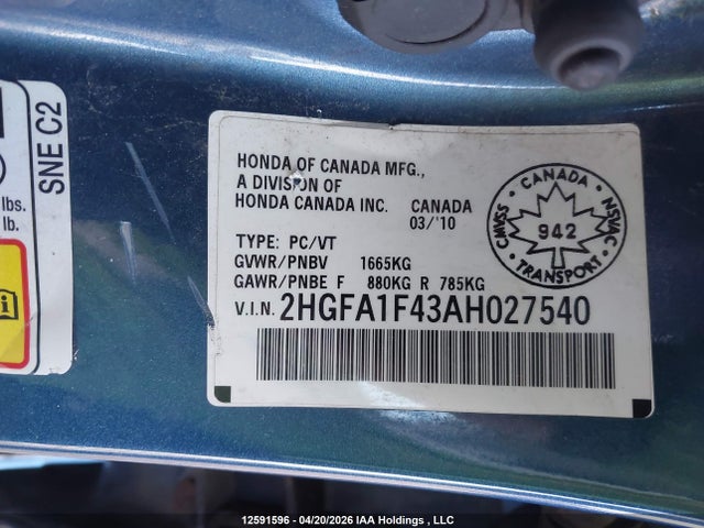 Aukcja sprzedaży 2010 Honda Civic, vin: 2HGFA1F43AH027540, numer aukcji: 12591596
