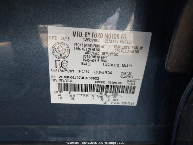2018 Ford Edge Sel მანქანა იყიდება აუქციონზე, vin: 2FMPK4J97JBC56922, აუქციონის ნომერი: 12591599