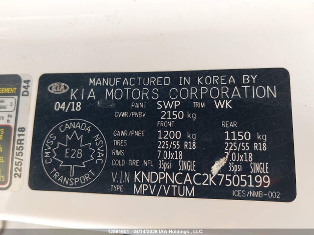 Продаж на аукціоні авто 2019 Kia Sportage Ex/ex Premium/ex Tech, vin: KNDPNCAC2K7505199, номер лоту: 12591601