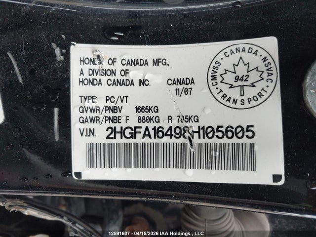 Aukcja sprzedaży 2008 Honda Civic Dx-g, vin: 2HGFA16498H105605, numer aukcji: 12591607