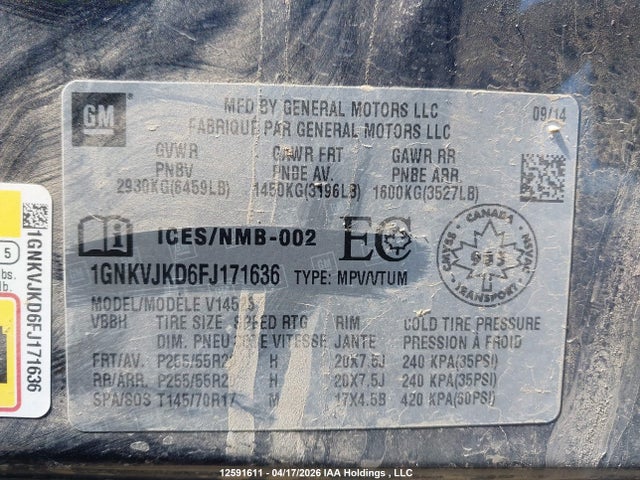 1GNKVJKD6FJ171636 Chevrolet Traverse Ltz