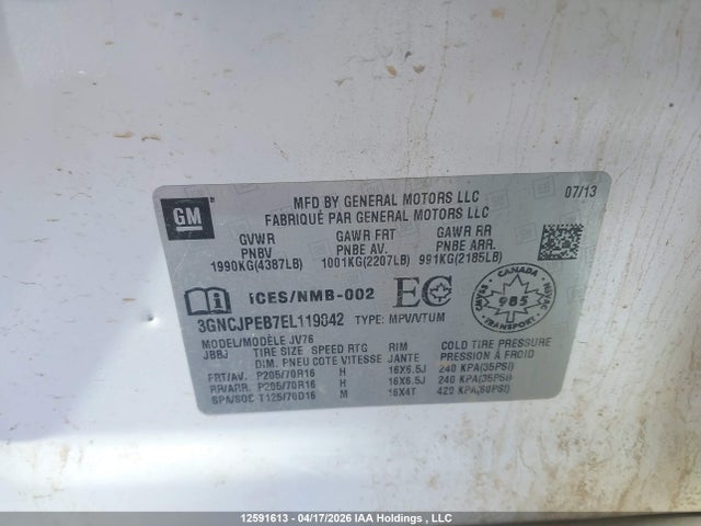 3GNCJPEB7EL119842 Chevrolet TRAX 1LT
