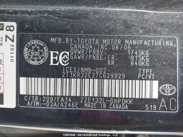 12591649 :رقم المزاد ، 2T1KR32E27C629929 vin ، 2007 Toyota Corolla Matrix Xr مزاد بيع
