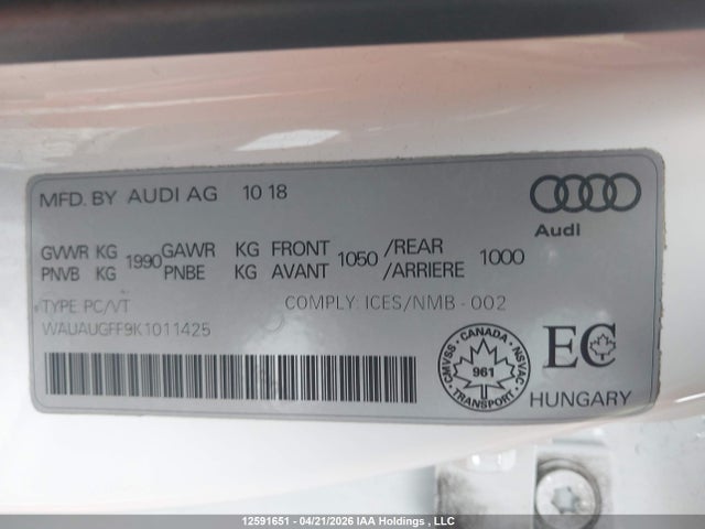 Продаж на аукціоні авто 2019 Audi A3 40 Komfort, vin: WAUAUGFF9K1011425, номер лоту: 12591651