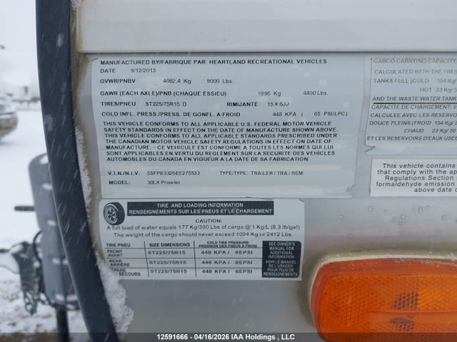 12591666 :رقم المزاد ، 5SFPB3326EE275533 vin ، 2014 Heartland Recreational مزاد بيع