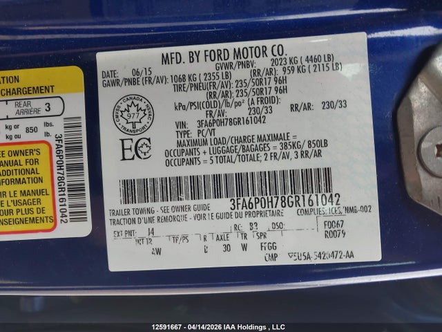 Ford Fusion 2016 3FA6P0H78GR161042 Image 9