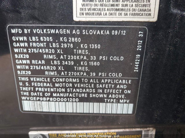 2013 Volkswagen Touareg V6 Tdi მანქანა იყიდება აუქციონზე, vin: WVGEP9BP8DD001200, აუქციონის ნომერი: 12591668