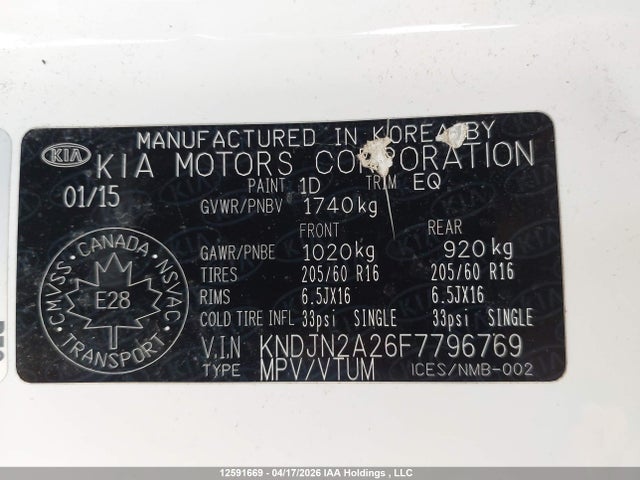 12591669 :رقم المزاد ، KNDJN2A26F7796769 vin ، 2015 Kia Soul مزاد بيع