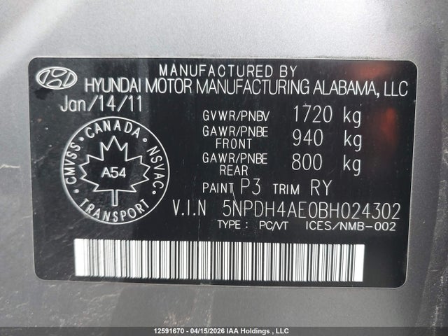 2011 Hyundai Elantra მანქანა იყიდება აუქციონზე, vin: 5NPDH4AE0BH024302, აუქციონის ნომერი: 12591670