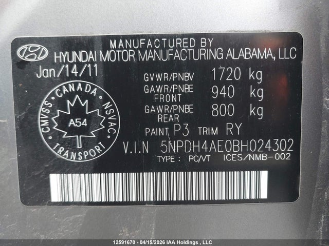 2011 Hyundai Elantra მანქანა იყიდება აუქციონზე, vin: 5NPDH4AE0BH024302, აუქციონის ნომერი: 12591670