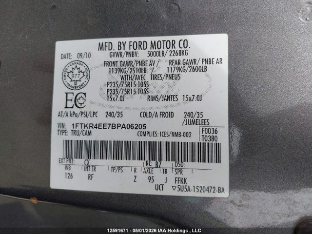 Продажа на аукционе авто 2011 Ford Ranger, vin: 1FTKR4EE7BPA06205, номер лота: 12591671