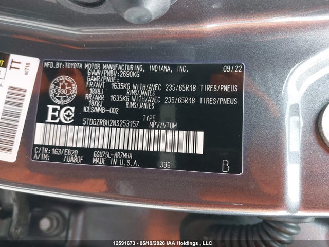 5TDGZRBH2NS253157 Toyota Highlander