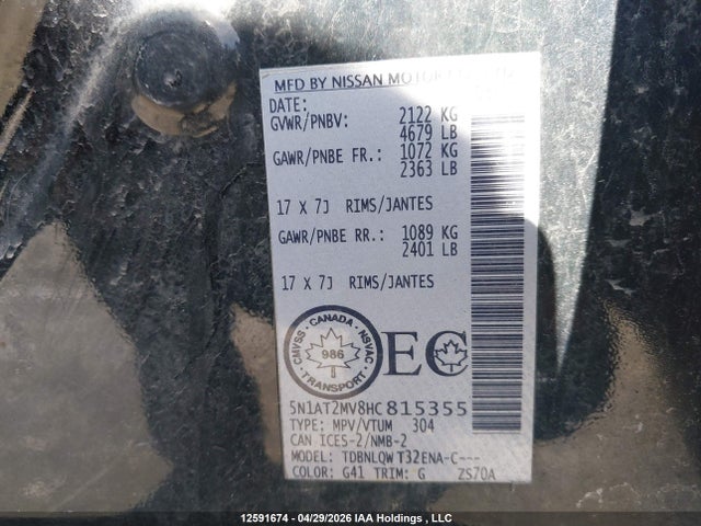 5N1AT2MV8HC815355 Nissan Rogue S/sl Platinum/sv