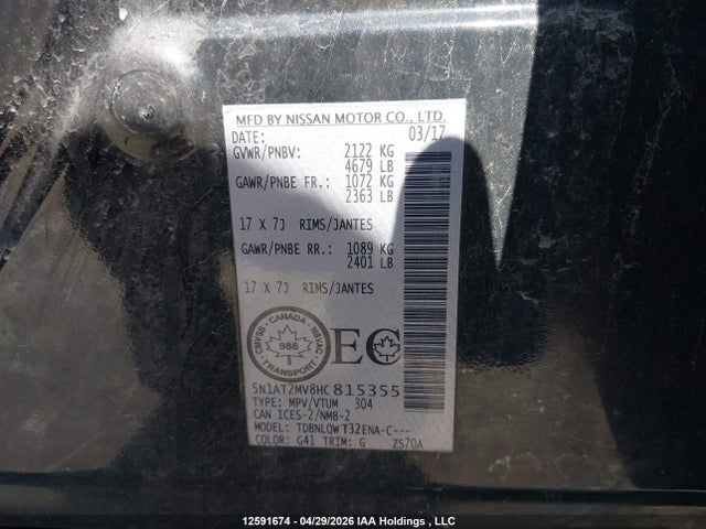 5N1AT2MV8HC815355 Nissan Rogue S/sl Platinum/sv