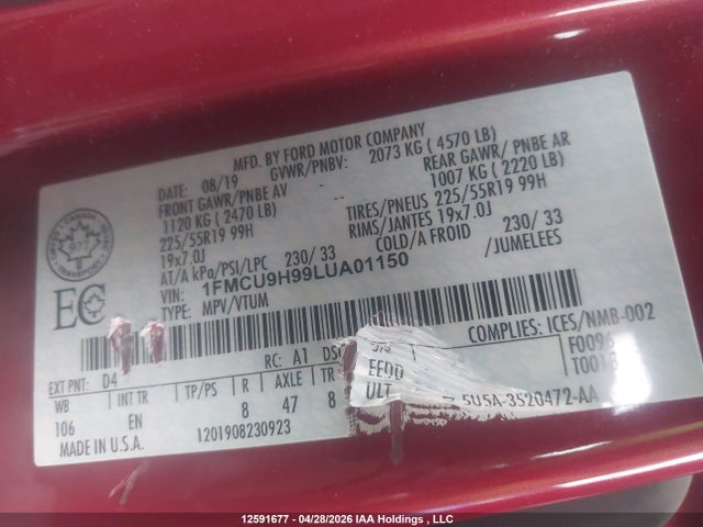 2020 Ford Escape Sel მანქანა იყიდება აუქციონზე, vin: 1FMCU9H99LUA01150, აუქციონის ნომერი: 12591677
