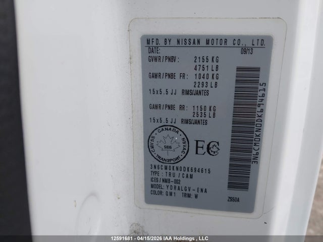 Продажа на аукционе авто 2013 Nissan Nv200 S/sv, vin: 3N6CM0KN0DK694615, номер лота: 12591681