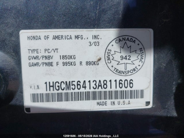 Aukcja sprzedaży 2003 Honda Accord Lx-g, vin: 1HGCM56413A811606, numer aukcji: 12591686