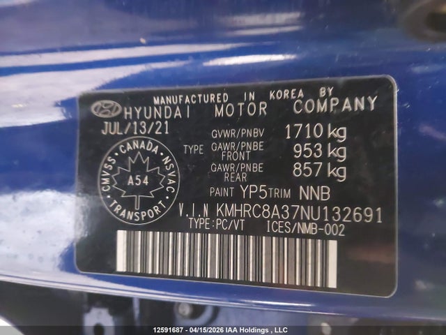 12591687 :رقم المزاد ، KMHRC8A37NU132691 vin ، 2022 Hyundai Venue Sel/limited مزاد بيع