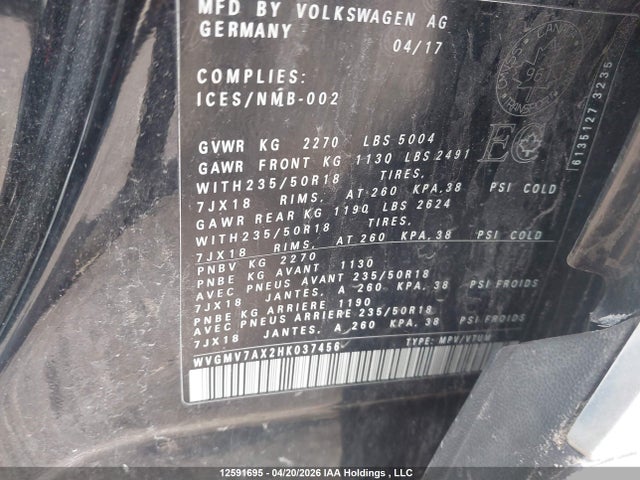 12591695 :رقم المزاد ، WVGMV7AX2HK037456 vin ، 2017 Volkswagen Tiguan Comfortline مزاد بيع