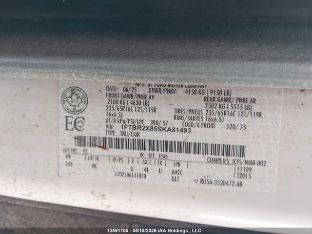 12591705 :رقم المزاد ، 1FTBR2X85SKA81493 vin ، 2025 Ford Transit T-250 مزاد بيع