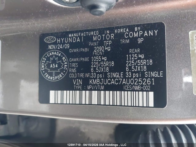 12591710 :رقم المزاد ، KM8JUCAC7AU025261 vin ، 2010 Hyundai Tucson Gls/limited مزاد بيع