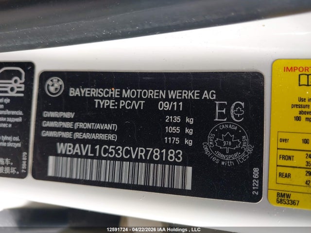 12591724 :رقم المزاد ، WBAVL1C53CVR78183 vin ، 2012 Bmw X1 Xdrive28i مزاد بيع