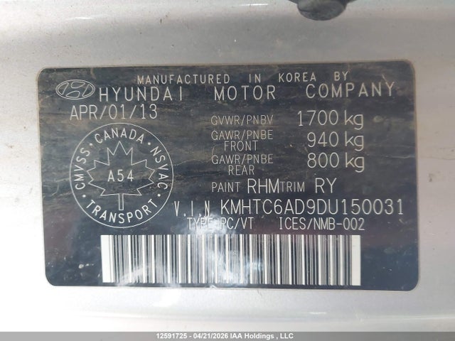 Aukcja sprzedaży 2013 Hyundai Veloster, vin: KMHTC6AD9DU150031, numer aukcji: 12591725