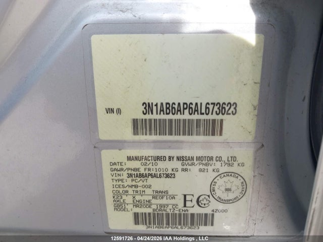 2010 Nissan Sentra მანქანა იყიდება აუქციონზე, vin: 3N1AB6AP6AL673623, აუქციონის ნომერი: 12591726