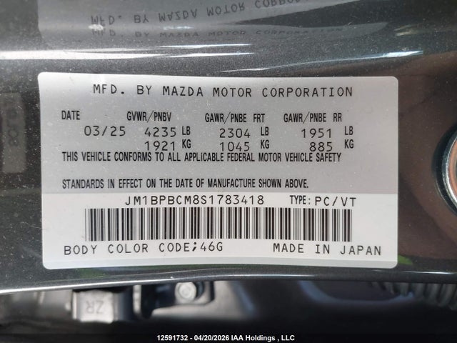 Aukcja sprzedaży 2025 Mazda 3 Preferred, vin: JM1BPBCM8S1783418, numer aukcji: 12591732