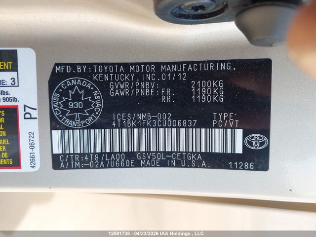 2012 Toyota Camry Se/xle მანქანა იყიდება აუქციონზე, vin: 4T1BK1FK3CU006837, აუქციონის ნომერი: 12591738