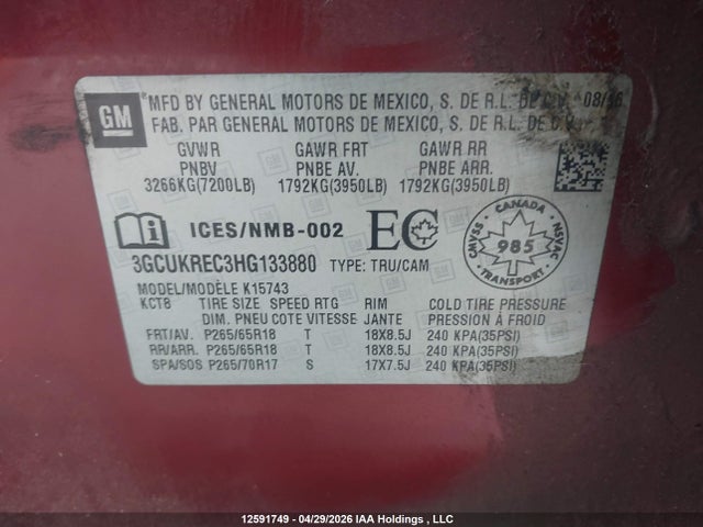 3GCUKREC3HG133880 Chevrolet Silverado 1500 2lt
