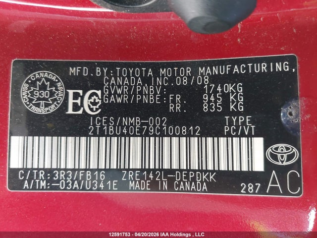 2009 Toyota Corolla Ce მანქანა იყიდება აუქციონზე, vin: 2T1BU40E79C100812, აუქციონის ნომერი: 12591753