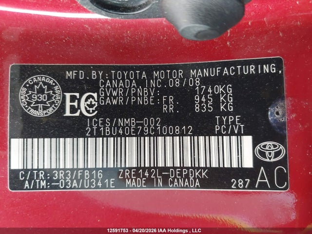 2009 Toyota Corolla Ce მანქანა იყიდება აუქციონზე, vin: 2T1BU40E79C100812, აუქციონის ნომერი: 12591753