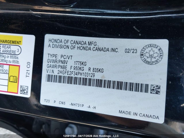 Продажа на аукционе авто 2023 Honda Civic Ex 4dr, vin: 2HGFE2F34PH103129, номер лота: 12591754