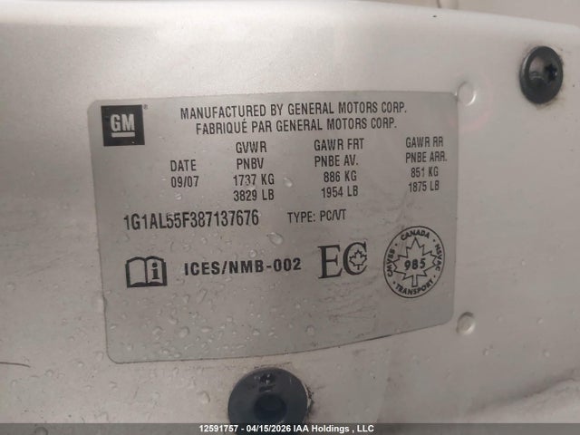Aukcja sprzedaży 2008 Chevrolet Cobalt Lt, vin: 1G1AL55F387137676, numer aukcji: 12591757