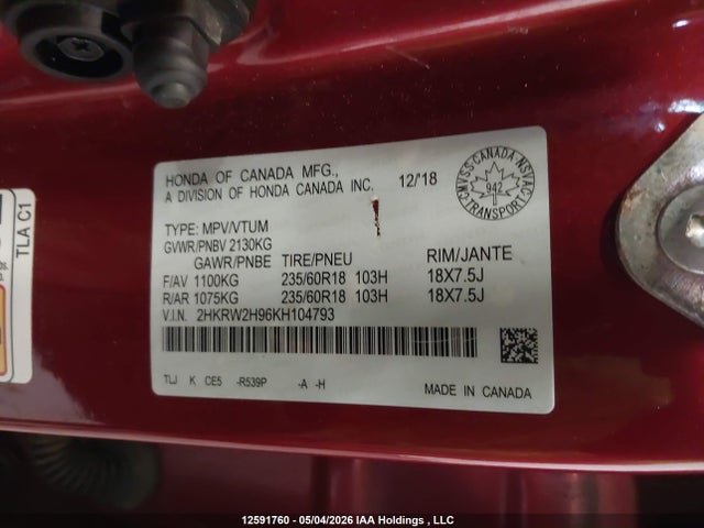 Продаж на аукціоні авто 2019 Honda Cr-v Touring, vin: 2HKRW2H96KH104793, номер лоту: 12591760
