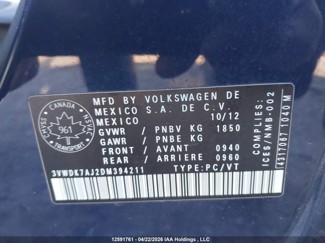 Aukcja sprzedaży 2013 Volkswagen Jetta 2.0l Comfortline, vin: 3VWDK7AJ2DM394211, numer aukcji: 12591761