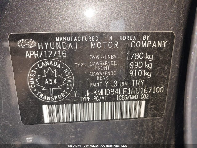 KMHD84LF1HU167100 Hyundai Elantra Se/value/limited