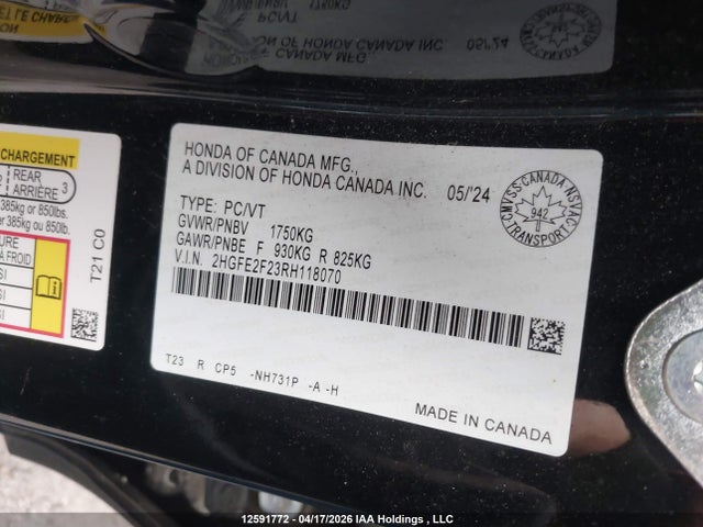 Продаж на аукціоні авто 2024 Honda Civic Lx, vin: 2HGFE2F23RH118070, номер лоту: 12591772