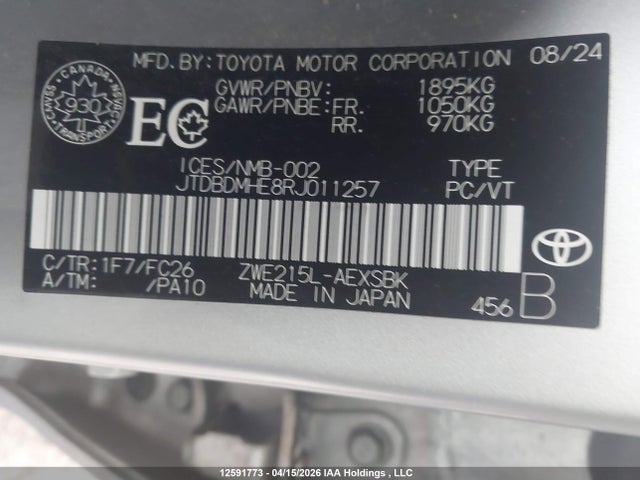 Продаж на аукціоні авто 2024 Toyota Corolla Le/se/night Shade, vin: JTDBDMHE8RJ011257, номер лоту: 12591773