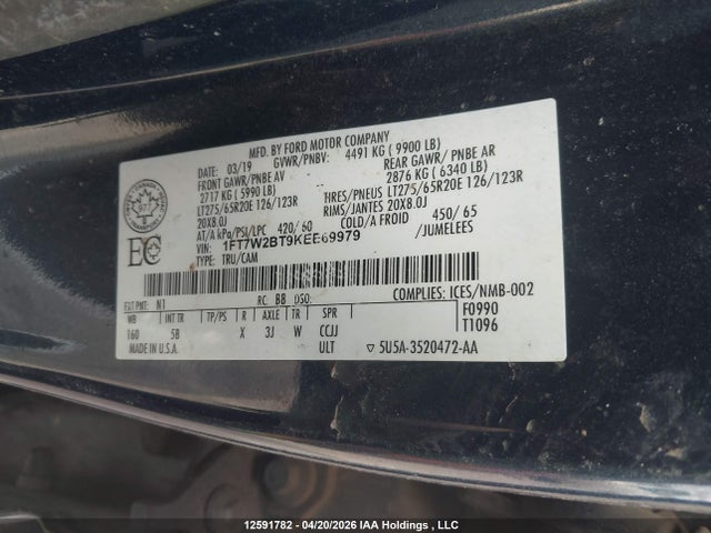 Продажа на аукционе авто 2019 Ford F-250 Lariat, vin: 1FT7W2BT9KEE69979, номер лота: 12591782