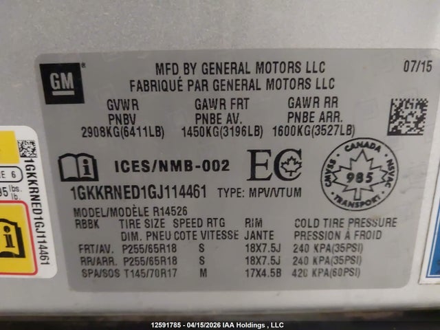 Aukcja sprzedaży 2016 Gmc Acadia Sle, vin: 1GKKRNED1GJ114461, numer aukcji: 12591785