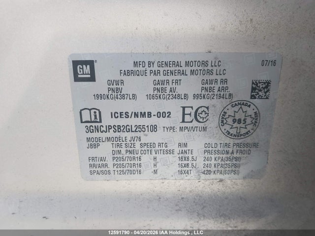 Продаж на аукціоні авто 2016 Chevrolet Trax Lt, vin: 3GNCJPSB2GL255108, номер лоту: 12591790