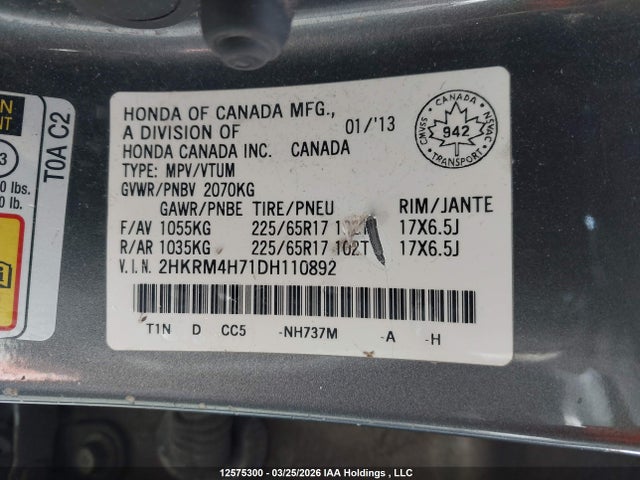 12575300 :رقم المزاد ، 2HKRM4H71DH110892 vin ، 2013 Honda Cr-v Ex-l مزاد بيع