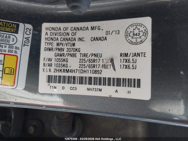 12575300 :رقم المزاد ، 2HKRM4H71DH110892 vin ، 2013 Honda Cr-v Ex-l مزاد بيع