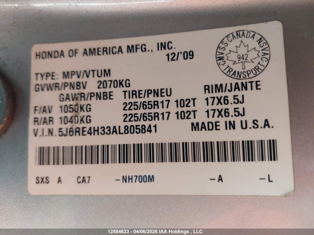 12584623 :رقم المزاد ، 5J6RE4H33AL805841 vin ، 2010 Honda Cr-v Lx مزاد بيع