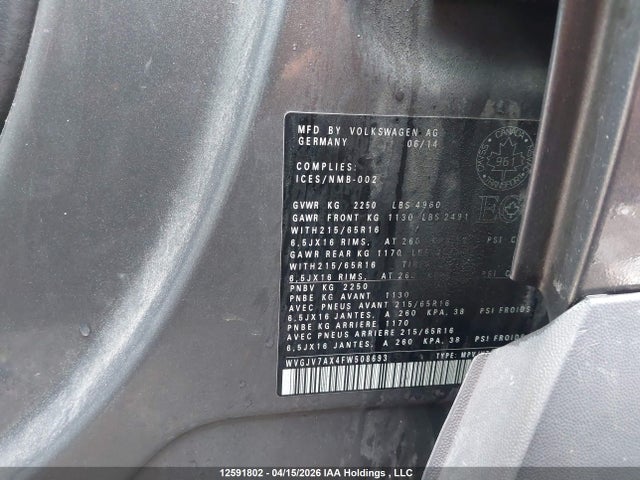 Aukcja sprzedaży 2015 Volkswagen Tiguan S/se/sel/r-line, vin: WVGJV7AX4FW508693, numer aukcji: 12591802