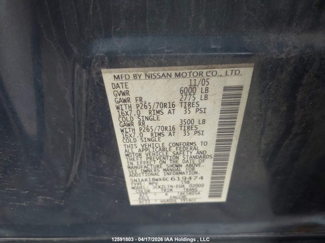 12591803 :رقم المزاد ، 5N1AR18WX6C619474 vin ، 2006 Nissan Pathfinder مزاد بيع