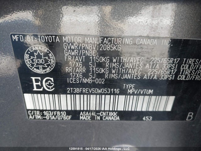 2013 Toyota Rav4 Le მანქანა იყიდება აუქციონზე, vin: 2T3BFREV5DW053116, აუქციონის ნომერი: 12591815